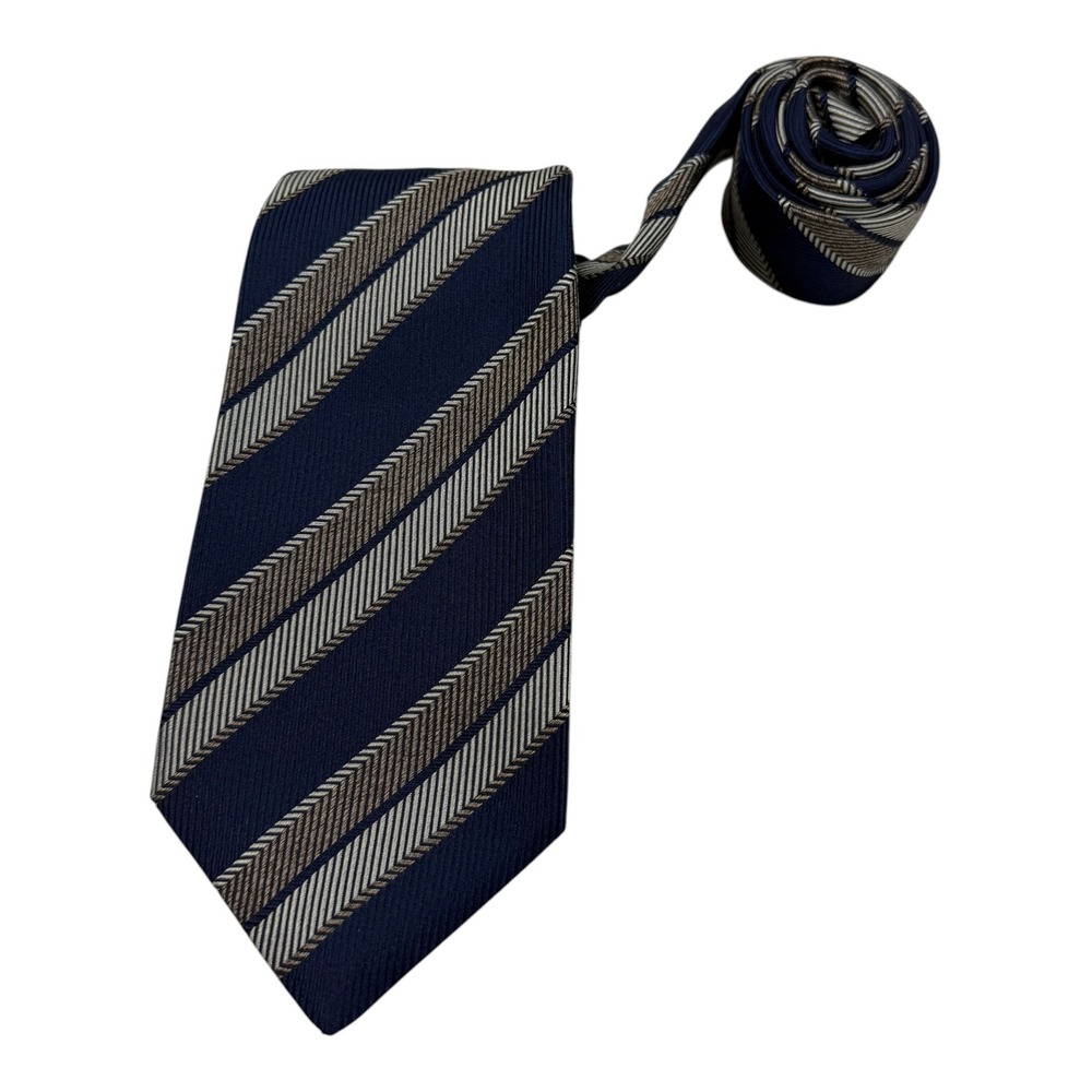 Kiton Napoli Mens Silk Tie Navy Blue Silver Taupe Diagonal Stripe Handmade Italy